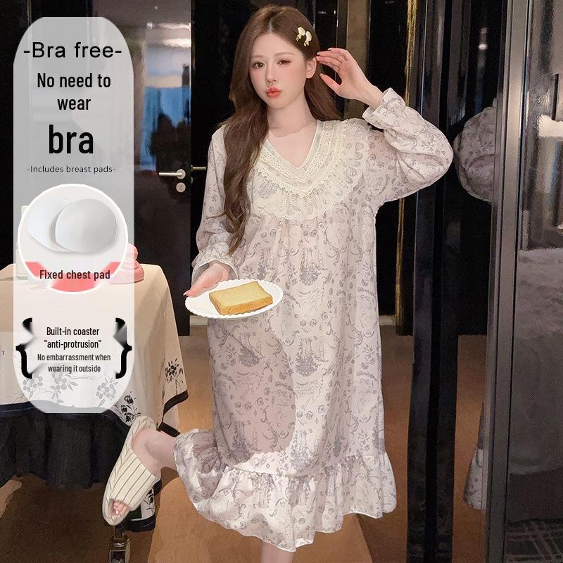 2025 V-Neck Pearl Cotton Long Sleeve Nightgown with Chest Pad – Spring/Autumn Oversized Sleep Dress for Indoor/Outdoor Wear