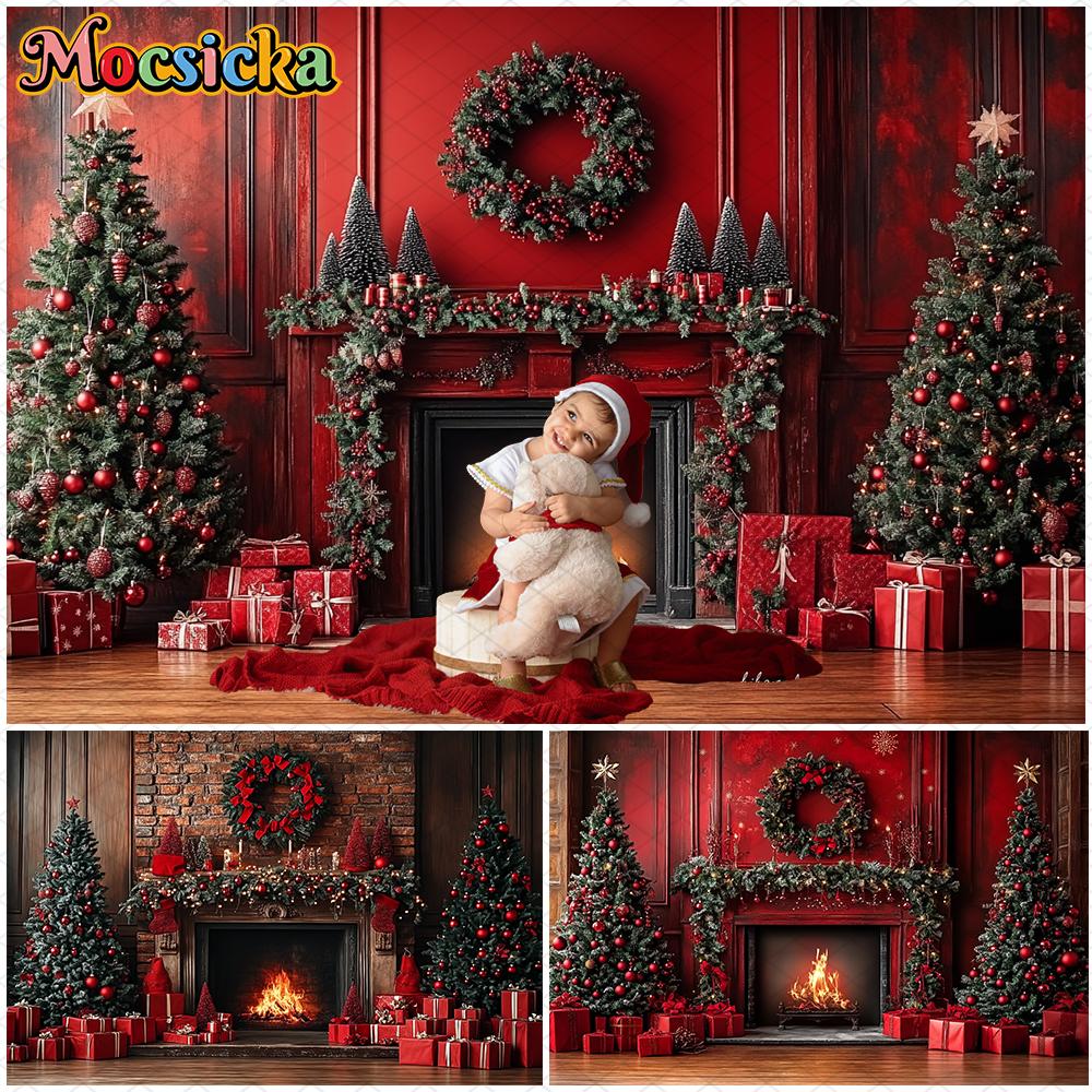 Mocsicka Christmas Backdrop Photography Fireplace Gifts Tree Party Photo Background Indoor Home Red Wallpaper Decorations Banner