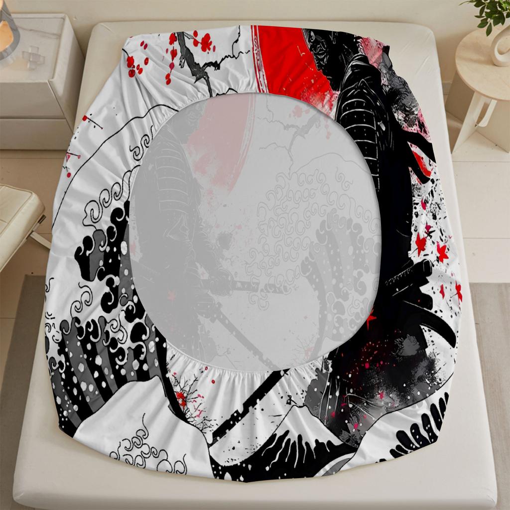 Japanese Samurai Print Fitted Sheet Set 100% Polyester Microfiber Mattress Covers Breathable Bedding Set With 2 Pillowcases