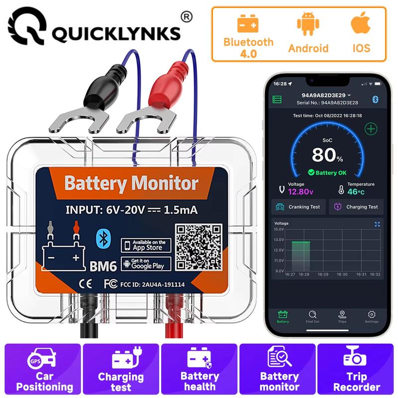 QUICKLYNKS BM6 12V Battery Monitory Wireless Bluetooth Car Battery Health Check APP Monitoring Battery Tester For Android IOS QUICKLYNKS BM6