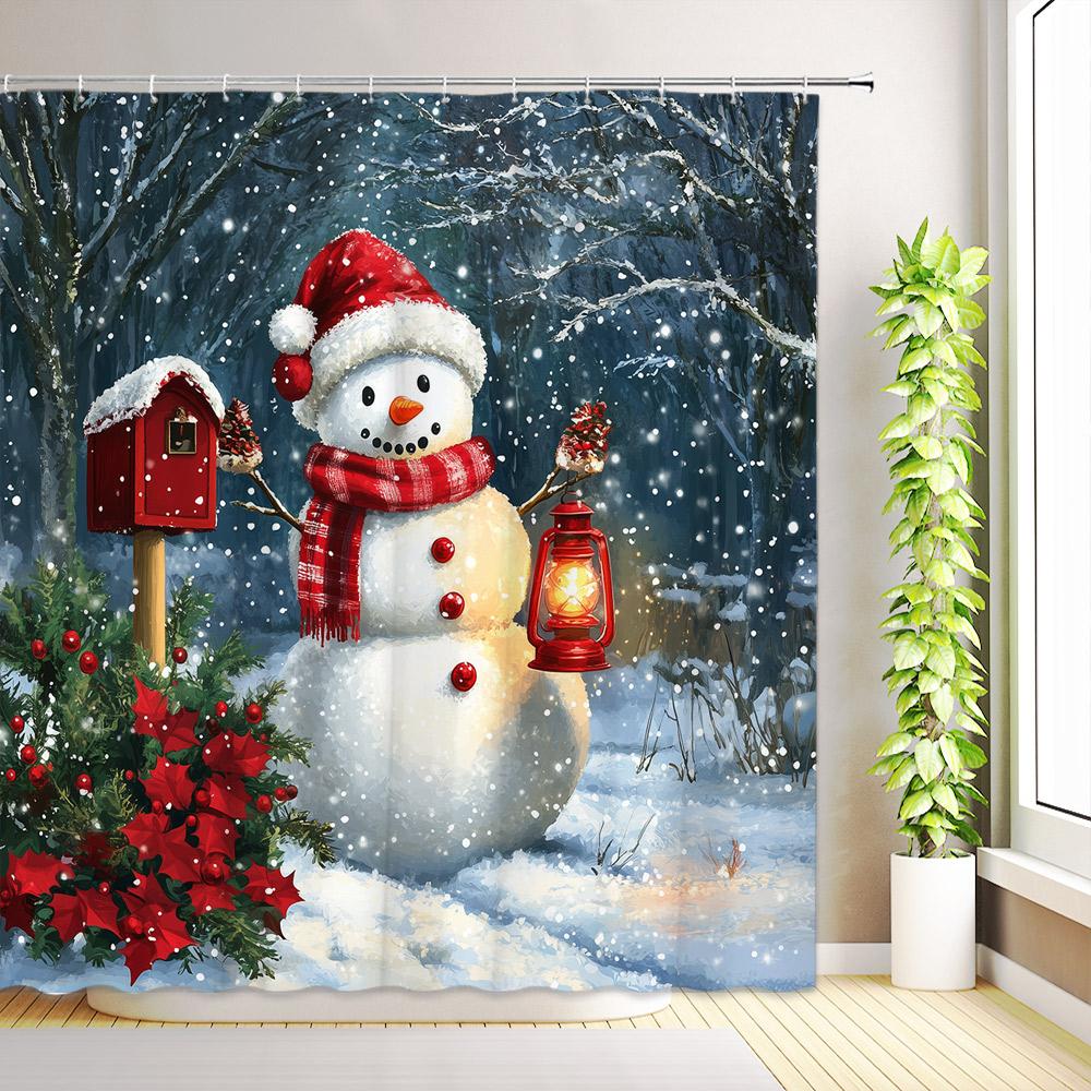 Christmas Cute Snowman Shower Curtain Birds Winter Snowflake Forest Snow Scenery Cedar Reindeer Xmas Bathroom Decor With Hooks