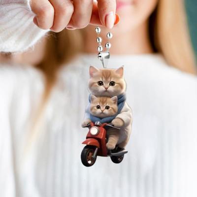 Motorbike Cat Acrylic Hanging Decoration Home Indoor Christmas Tree Car Rearview Mirror 2D Flat Riding Kitten Hanging Ornament Cartoon Animal Pendant