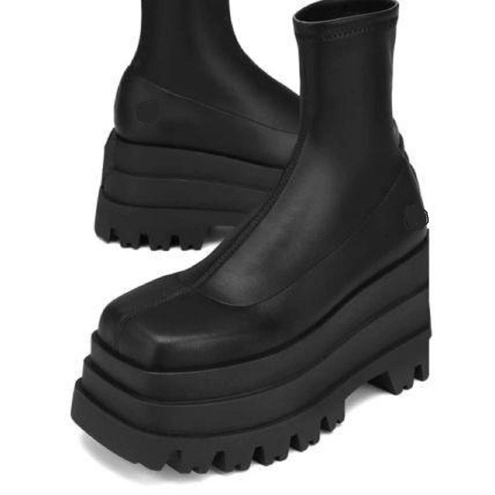 Stivaletti alla caviglia in pelle con plateau a zeppa suola spessa punta quadrata Donna 2022