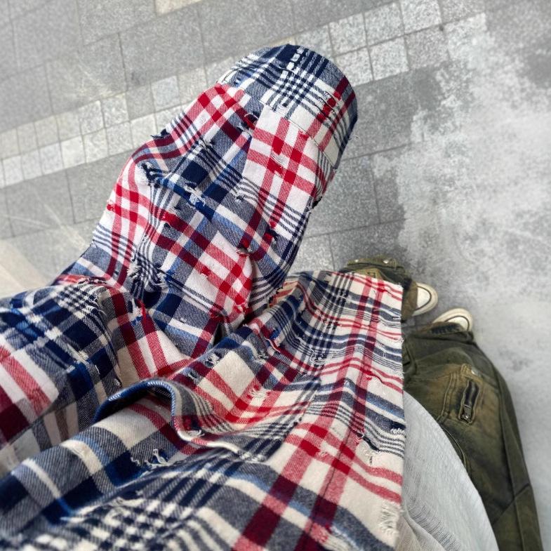 Men's Retro Color Block Distressed Plaid Long Sleeve Shirt Jacket - 2025 Autumn Collection