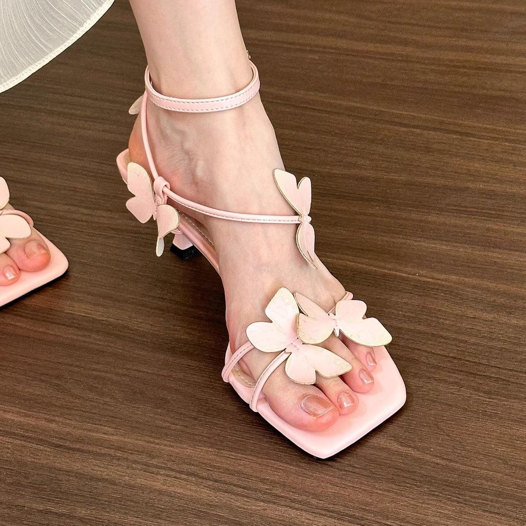 Fashion Womens French Butterfly Open-toed High Heel Sandals Womens Fashion Versatile Outdoor Leisure Medium Heel Sandals Sandalias Mujer