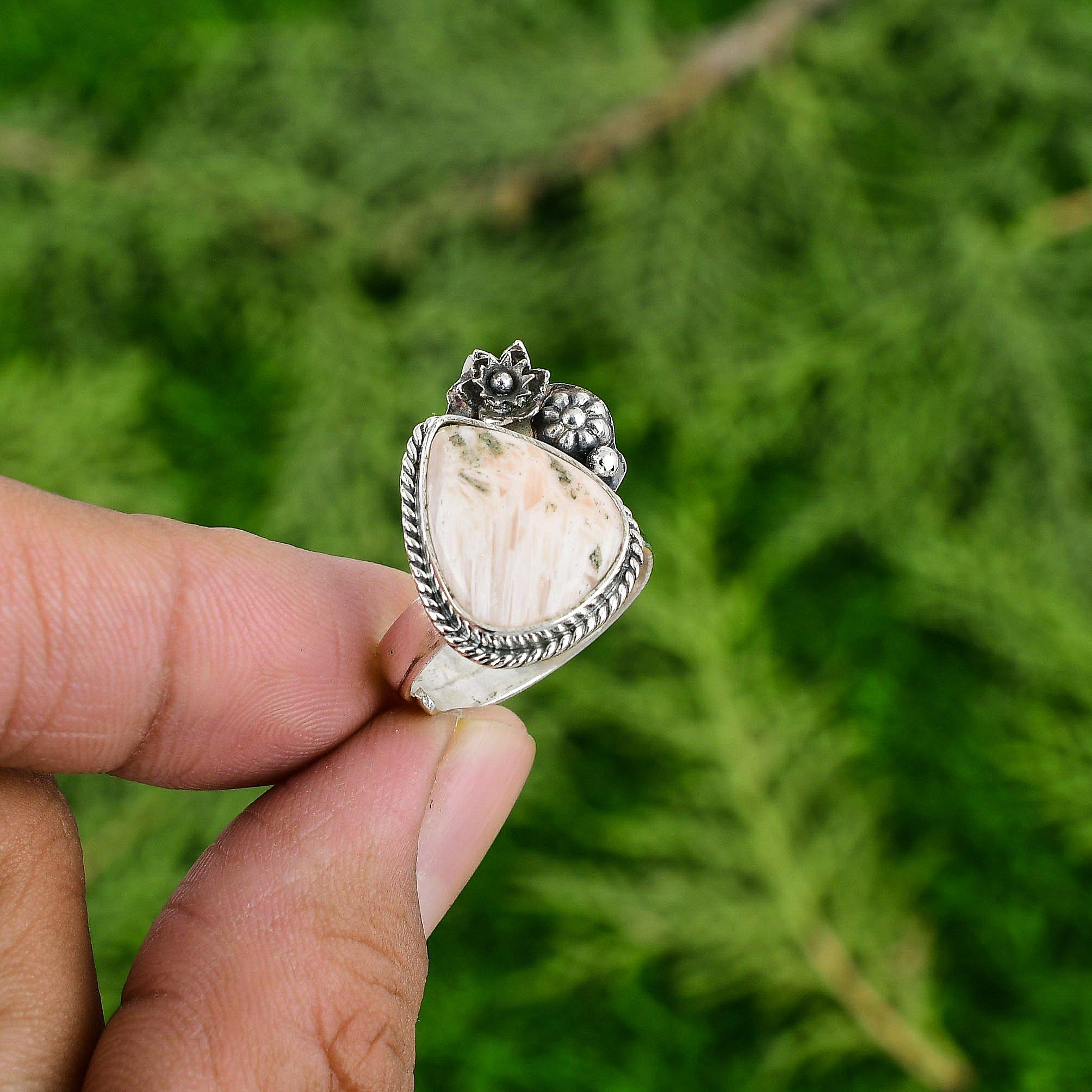 

925 Silver Pear Crown Chakra Scolecite Stone Promise Flower Sister Ring Jewelry Adjustable