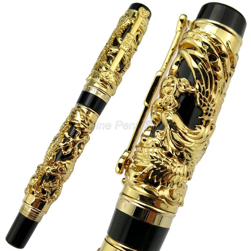 Jinhao Vintage Metal Carving Embossing Dragon And Phoenix Heavy Roller Ball Pen Gold Trim Professional Office Stationery