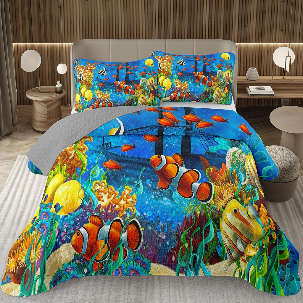 Fish Bedspread Twin Queen Ocean Marine Theme Coverlet Set for Boys Girls Teens Room Soft Lightweight Sea Animal Quilted Bedding