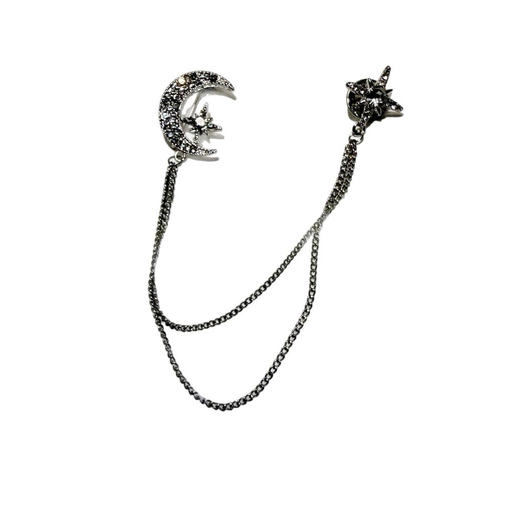 Lux Alloy Moon & Star Chain Brooch - Unisex Korean Style
