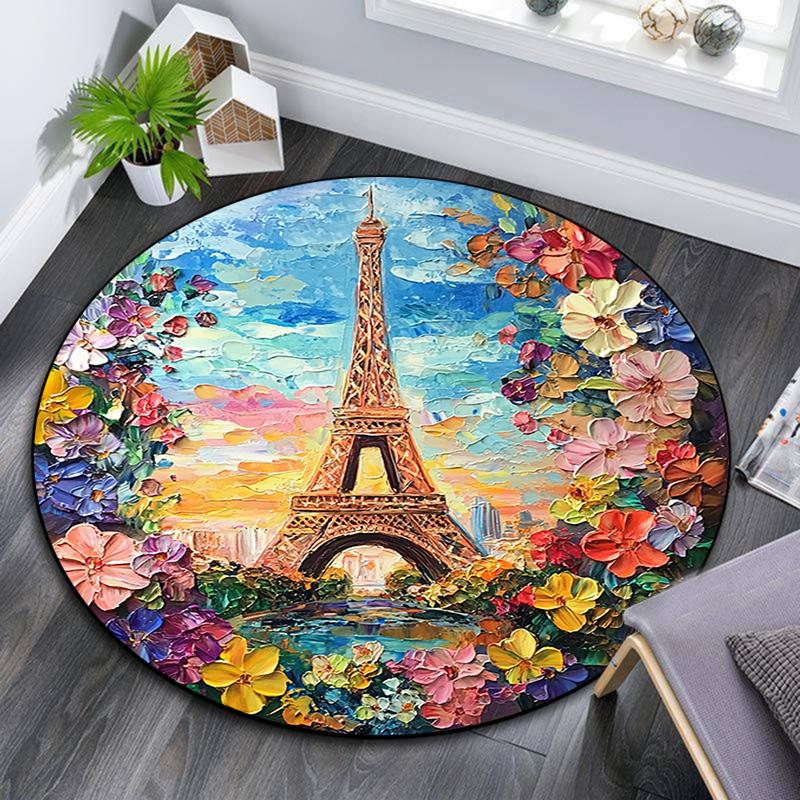 Eiffel Tower Paris Round Area Rug,Carpet Rug for Living Room Bedroom Sofa Playroom Decor,Non-slip Floor Mat