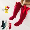 Girls' Wine Red Knee-High Princess Socks with Bow - Spanish Style for Spring & Autumn