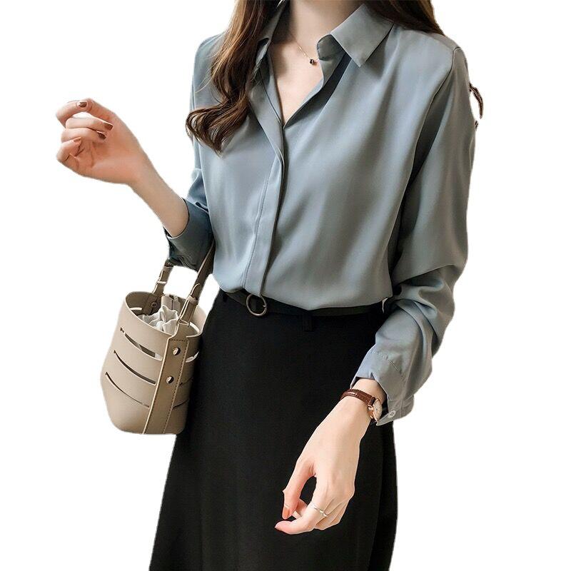 Women Shirt Long Sleeve V-neck Leisure Office Blouse Solid Color Simple Chiffon Shirt Female Tops Blusas