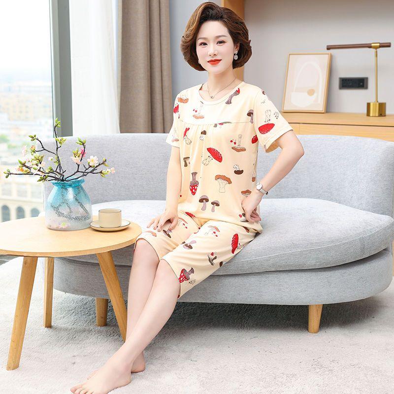Middle Aged and Elderly Mothers Pajamas Women's Short Sleeved Home Clothing Spring and Autumn Sets Summer Oversized Loose Fitting