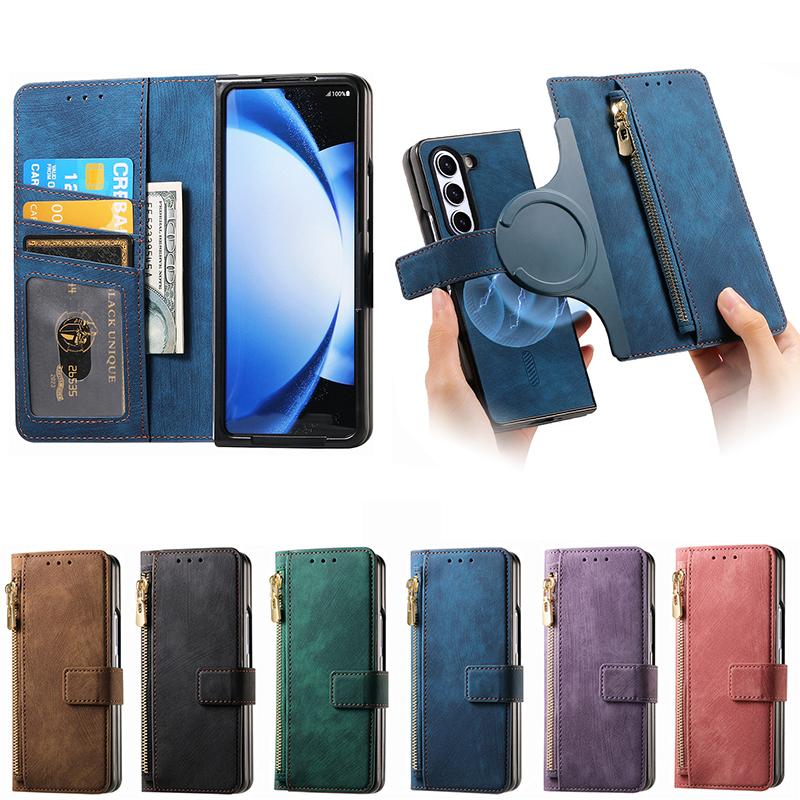 Magnetic 2 in 1 Detachable Flip Card Wallet Case for Magsafe Samsung Galaxy Z Fold 7 6 5 4 3 Zipper Cards Solt Leather Bag Cover