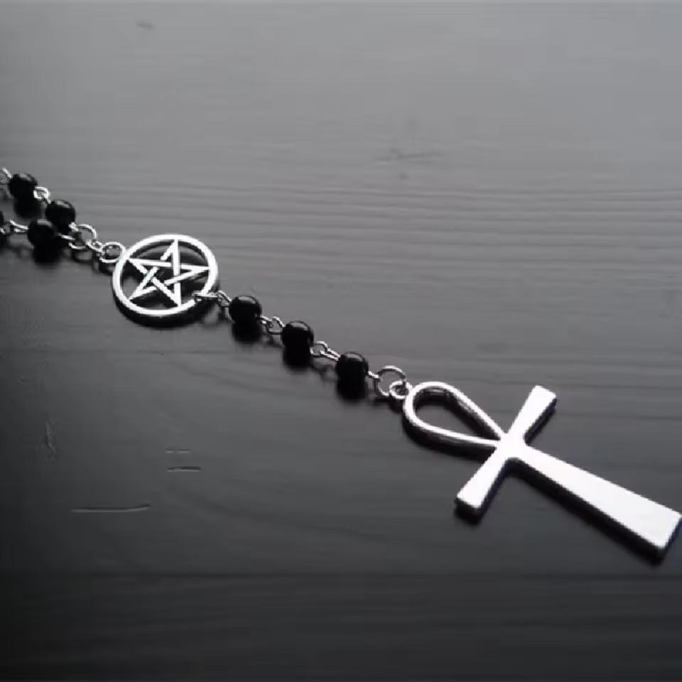 Ankh und Pentagramm Rosenkranz Halskette, Wicca, Heidnischer Rosenkranz Schwarze Perlen Anhänger Schmuck für Frauen Geschenk Mode Einfacher Schmuck