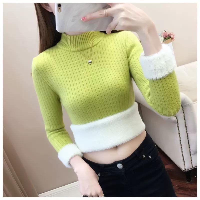 One-piece Fleece Thickened Semi-turtleneck Sweater Female Slim Primer Autumn and Winter New Thickened Fleece Knitted Sweater Solid Color Inner