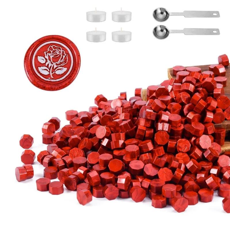 1 Bottle of 200pcs Metallic Red Sealing Wax Beads, Octagon Wax Seal Beads Candles and Melting Spoon for Wax Seal Stamp
