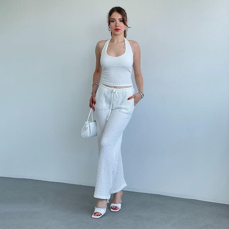 

Однотонный топ без рукавов с халтером и открытой спиной и комплект брюк прямого кроя для женщин XXL белый