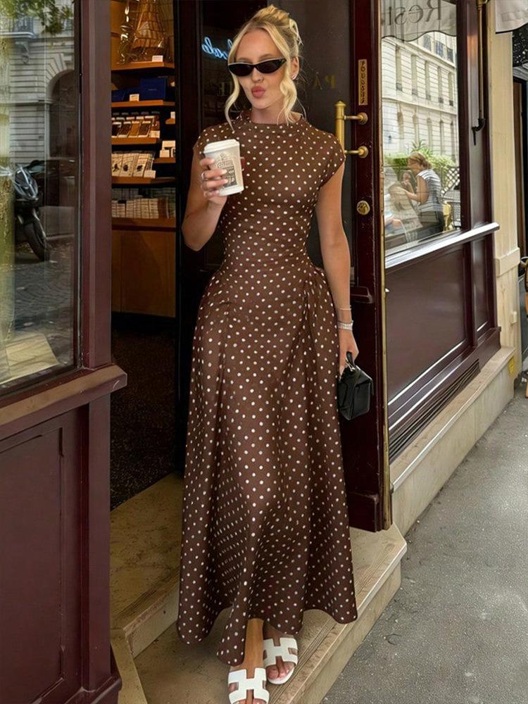 European Style Vintage Polka Dot Print Sleeveless Round Neck Slim Fit A Maxi Dress