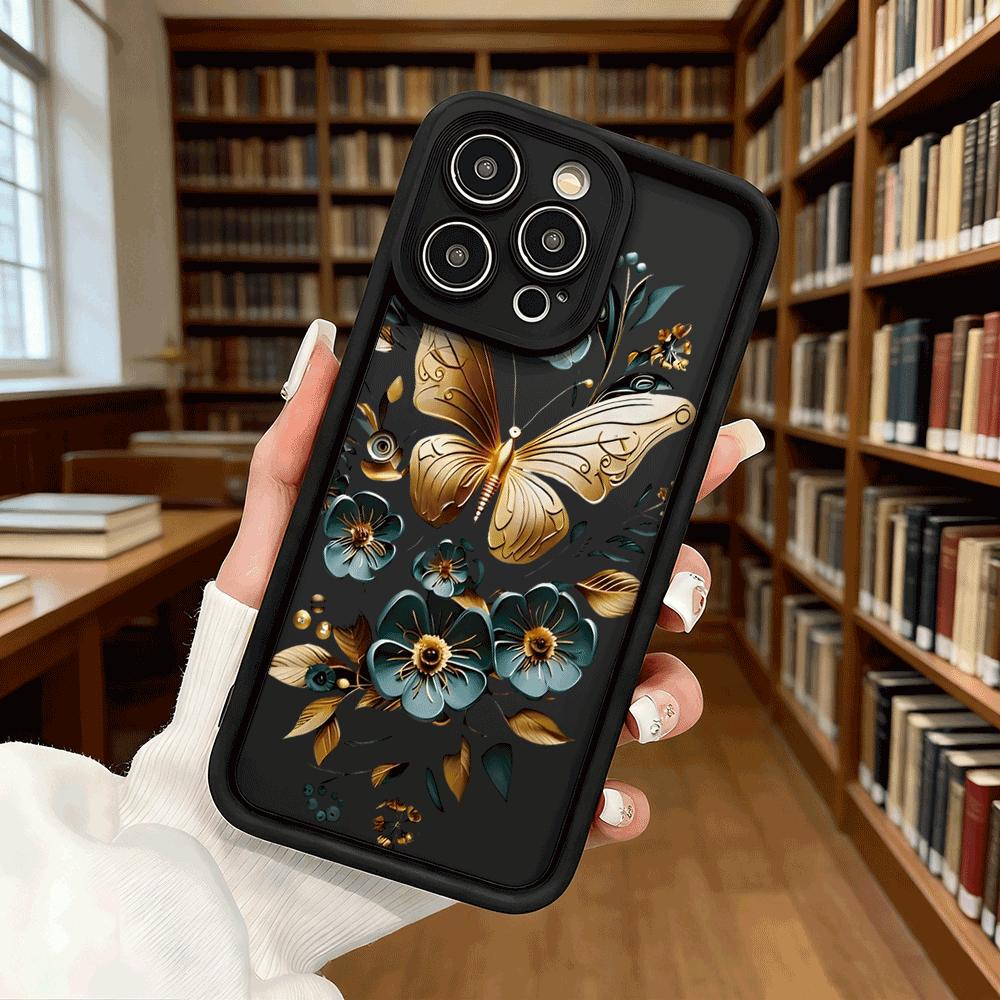 Golden Butterfly Teal Flowers Soft TPU Shockproof Case For Xiaomi Redmi Note 15 14 13 12 11 Pro Anti-Fall Protective Back Cover