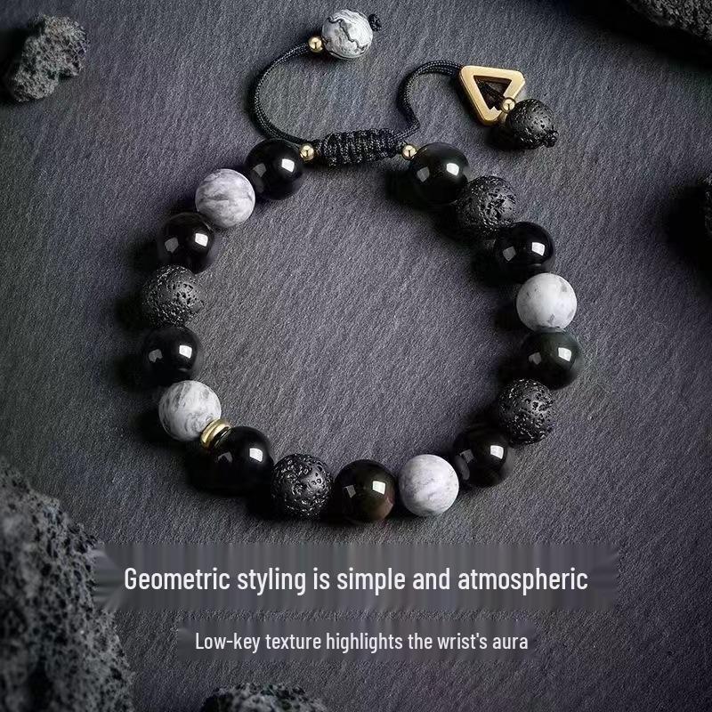 Rogue Handsome Volcanic Obsidian Bracelet: Trendy Adjustable Retro Jewelry for Men & Women.