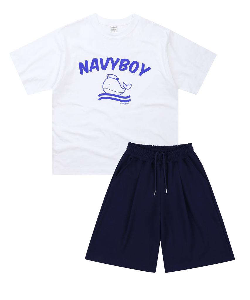 PAPERBOY [Set] Navy Boy Short Sleeve Half Pants Set-White Melange