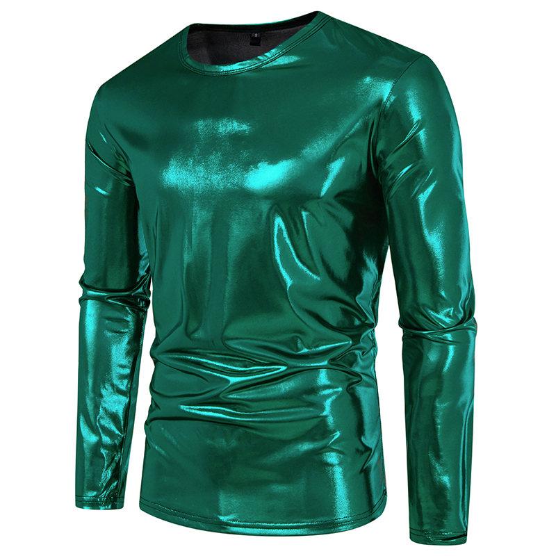 Cozy Up Men's Party Stage Glossy Long-sleeved Round Neck T-shirt
