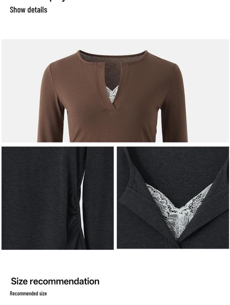 Antibacterial Women's Heated V-Neck Slimming Lace Patchwork Wool Long Sleeve T-Shirt