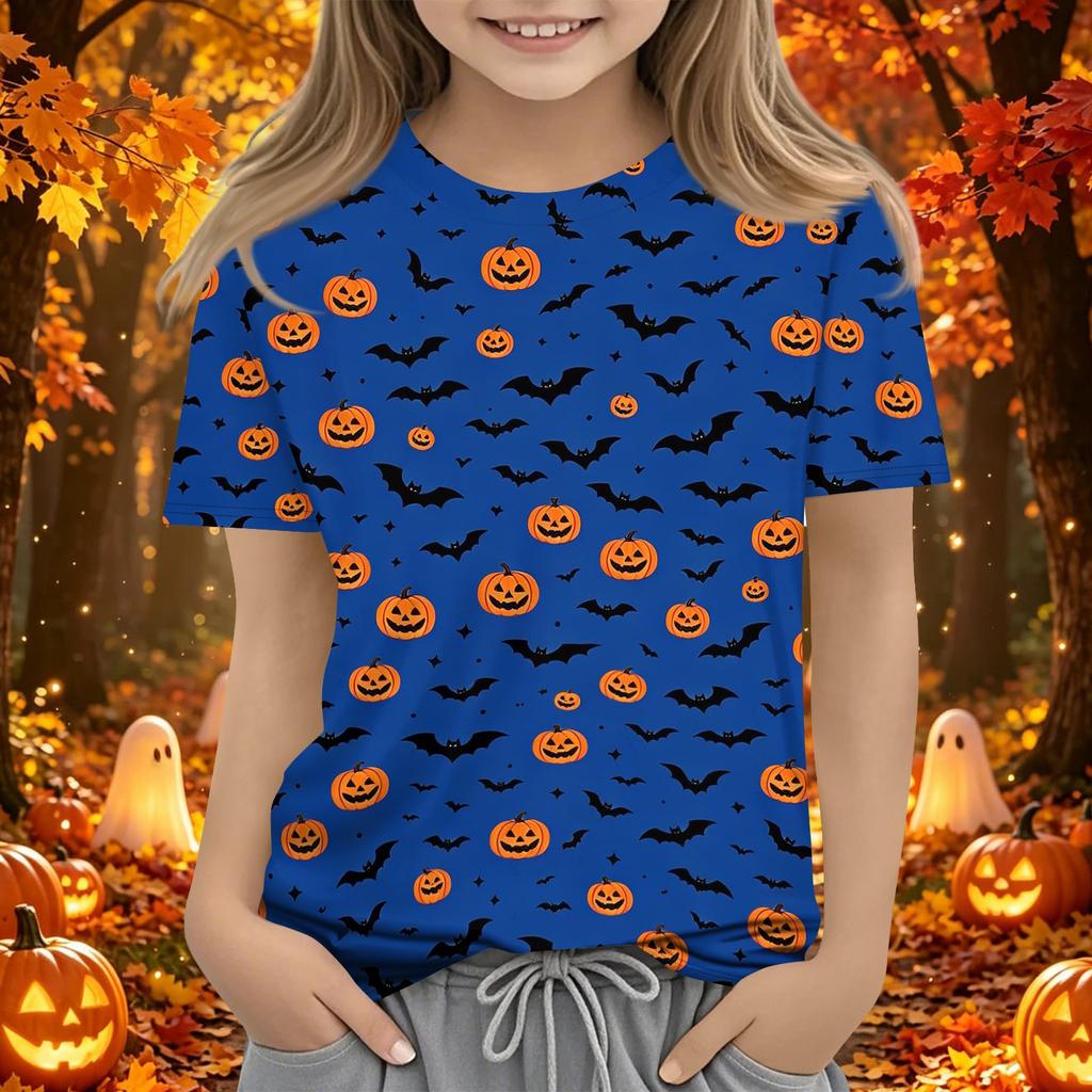 Kids Halloween Printed Short Sleeve T-Shirt - Round Neck Casual Loose Fit Top for Boys Girls