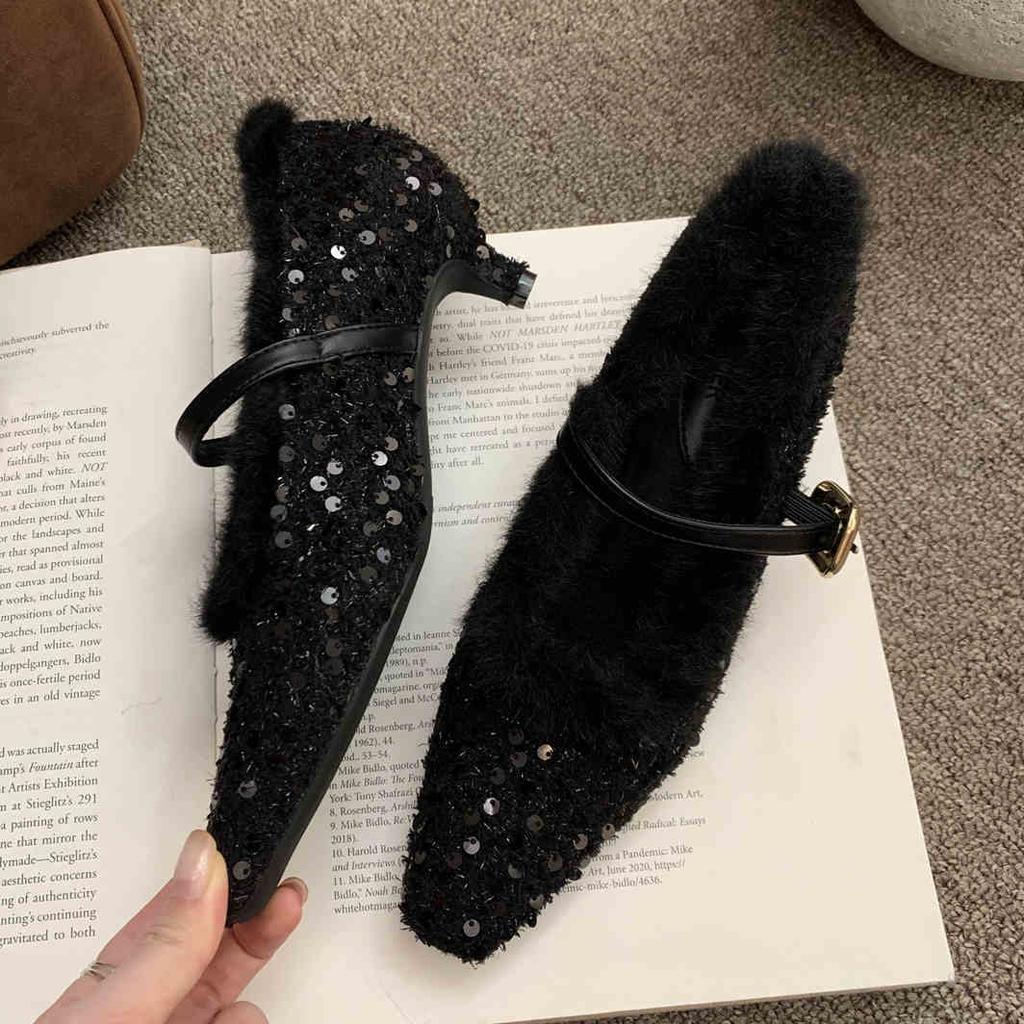 Fashion Fashion Sequin Bling Ladies High Heels Elegant Pointed Toe Thin Heel Mules Women Warm Fur Pumps French Elegant Dress Boat Shoes