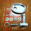 Stainless Steel Meat Grinder Accessories: Knife, Blade, Hole Plate, Sausage Stuffer, and Grinder Rod.