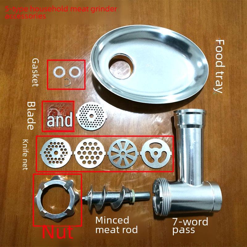 Stainless Steel Meat Grinder Accessories: Knife, Blade, Hole Plate, Sausage Stuffer, and Grinder Rod.