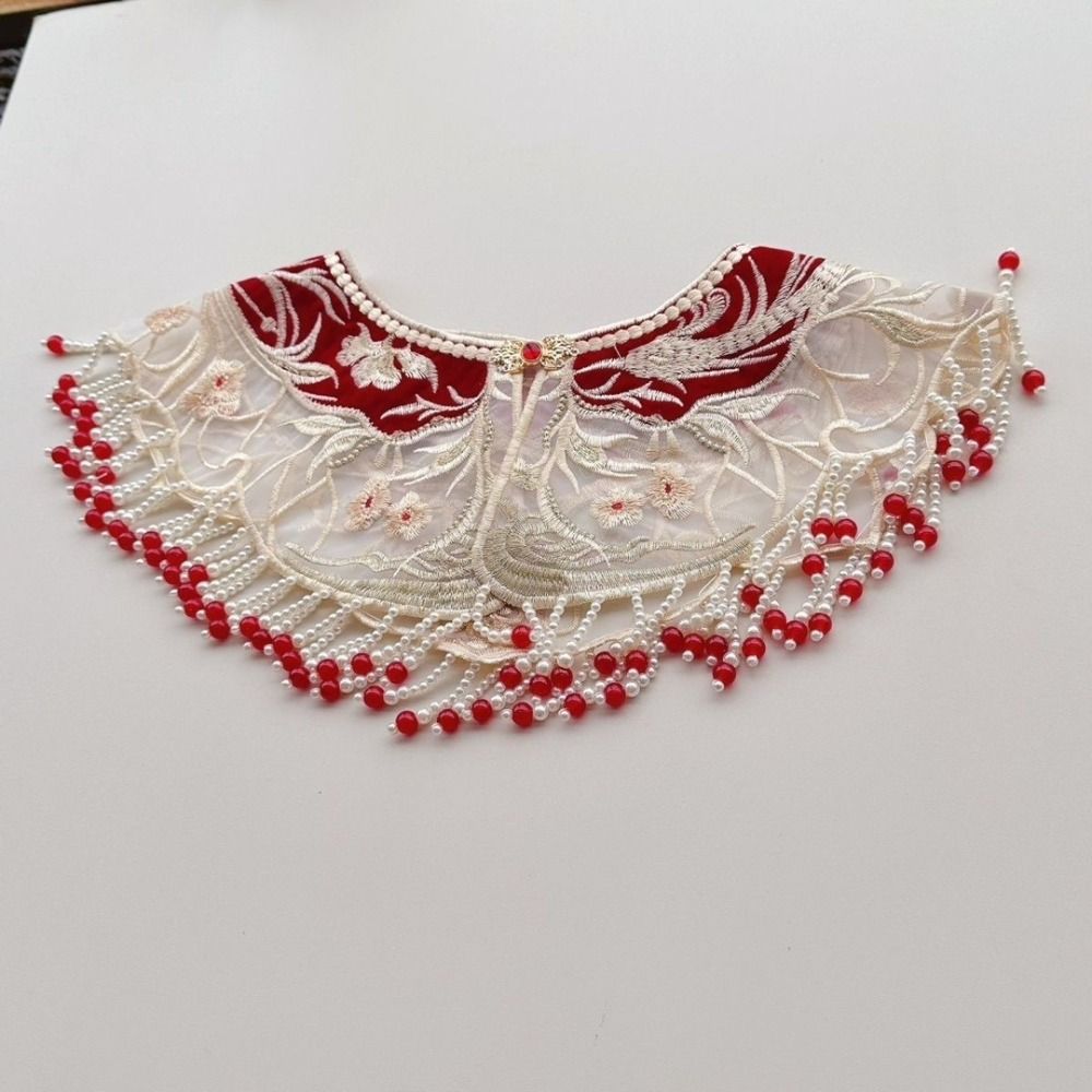 Chinese Style Hanfu Collar Pearl Floral Pattern Embroidered Shawl Tassels Embroidery Design Detachable False Collar
