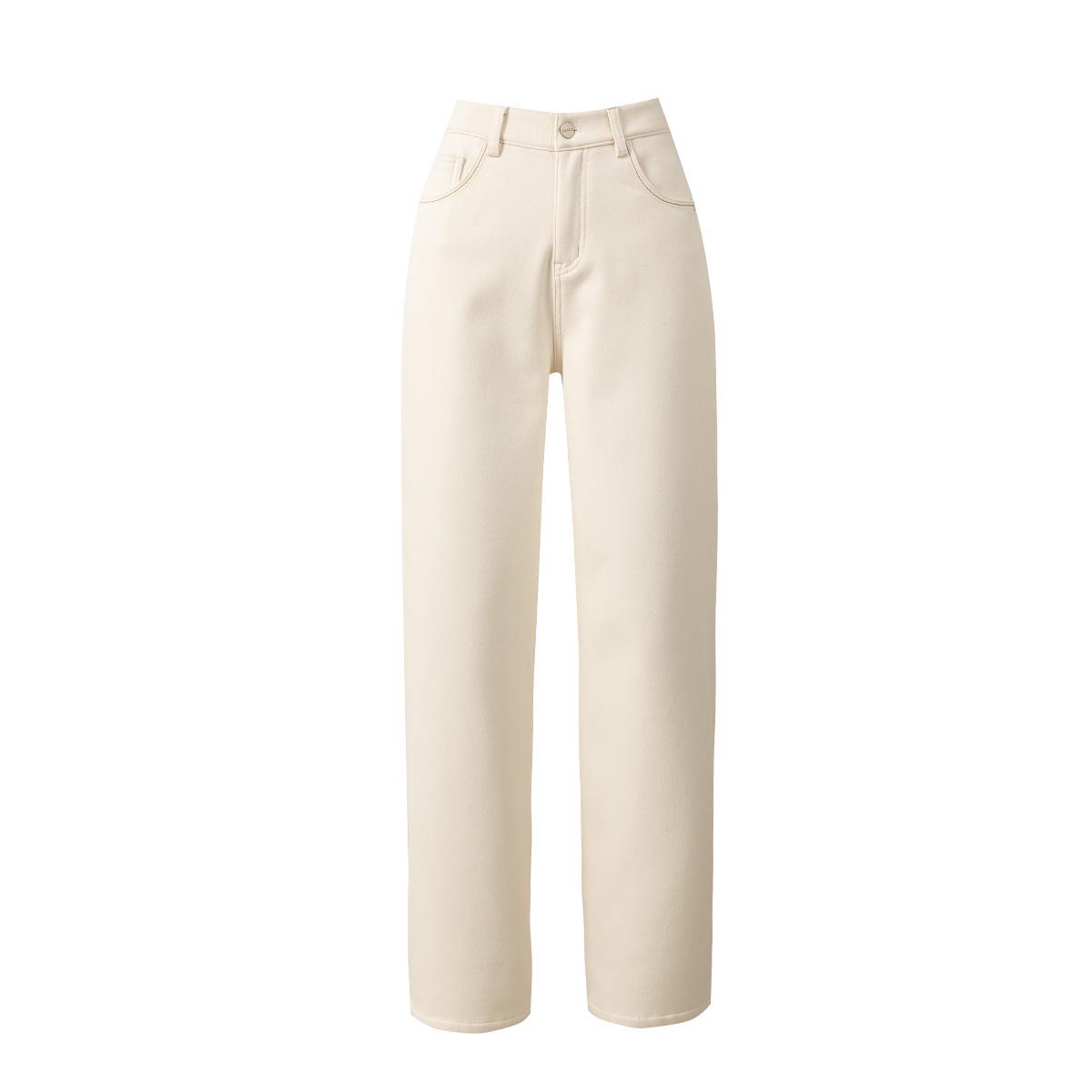 Yi Fei Women s Winter 2025 High-Waisted Beige Straight-Leg Wide Pants with Plus Velvet 31