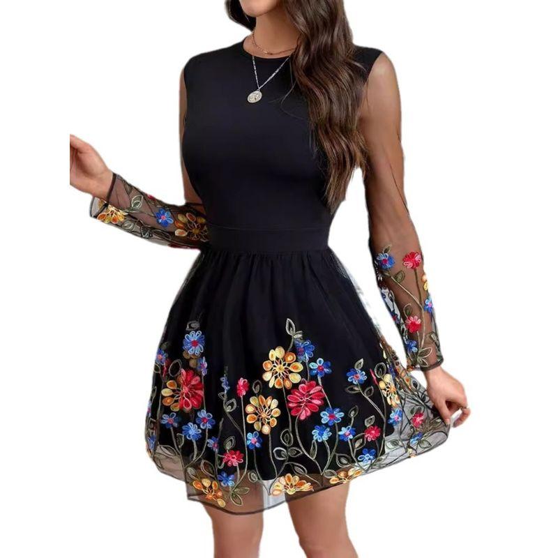 Fashion Embroidery Mesh Patchwork Long sleeve dress Waist Hugging Short dress Long Sleeve Short Dress