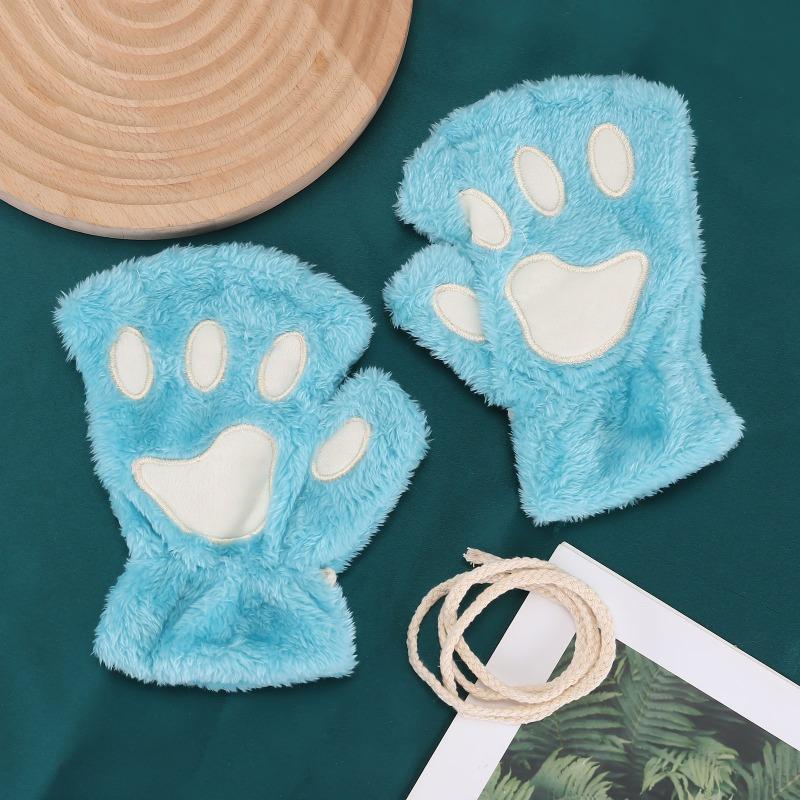 Cartoon cat claw gloves female winter cute girl bare finger thickened warm bear paw plush half finger gloves