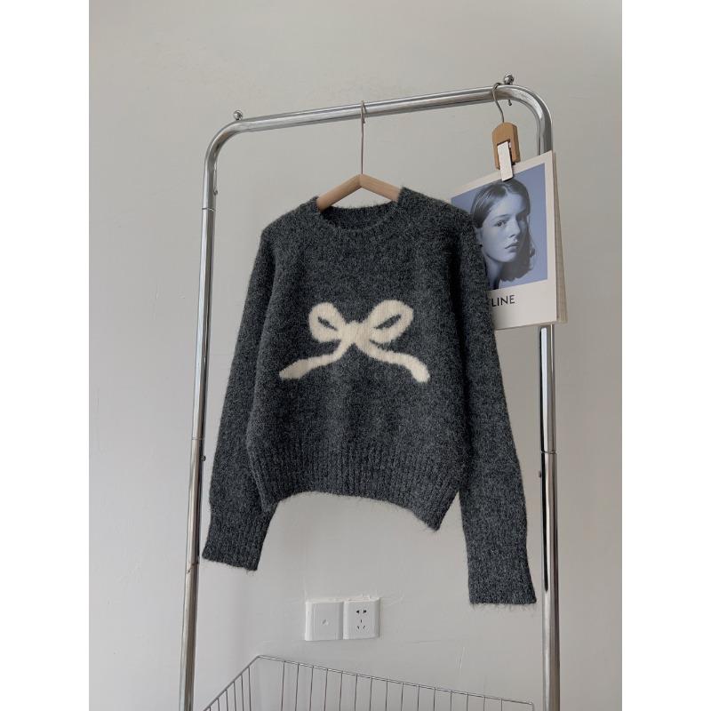 Winter new women's clothing high-end bow sweater women's loose and lazy round neck long-sleeved knitted sweater top coat