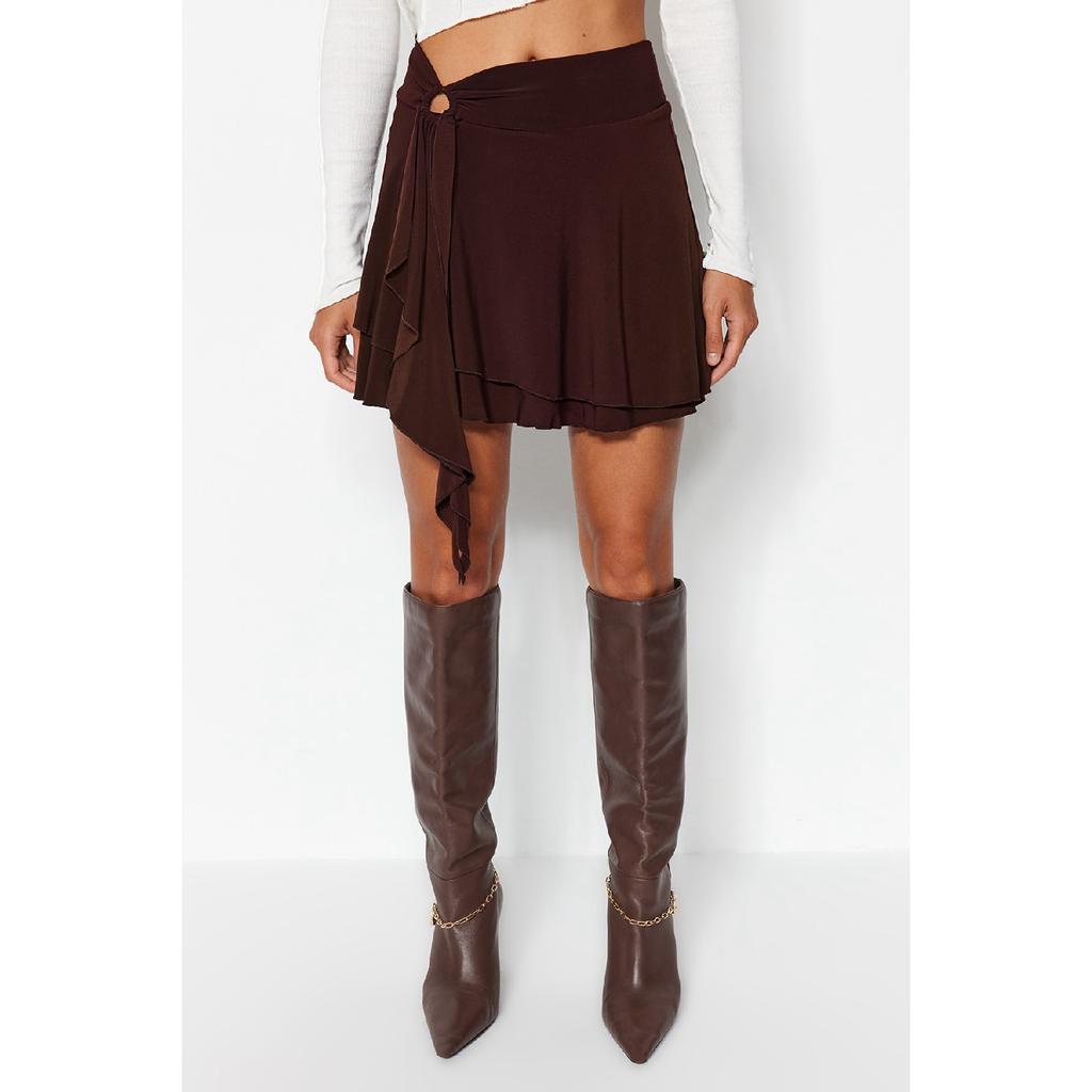 Brown Ruffle Detailed Flounce Mini Knitted Skirt Twoaw24et00214