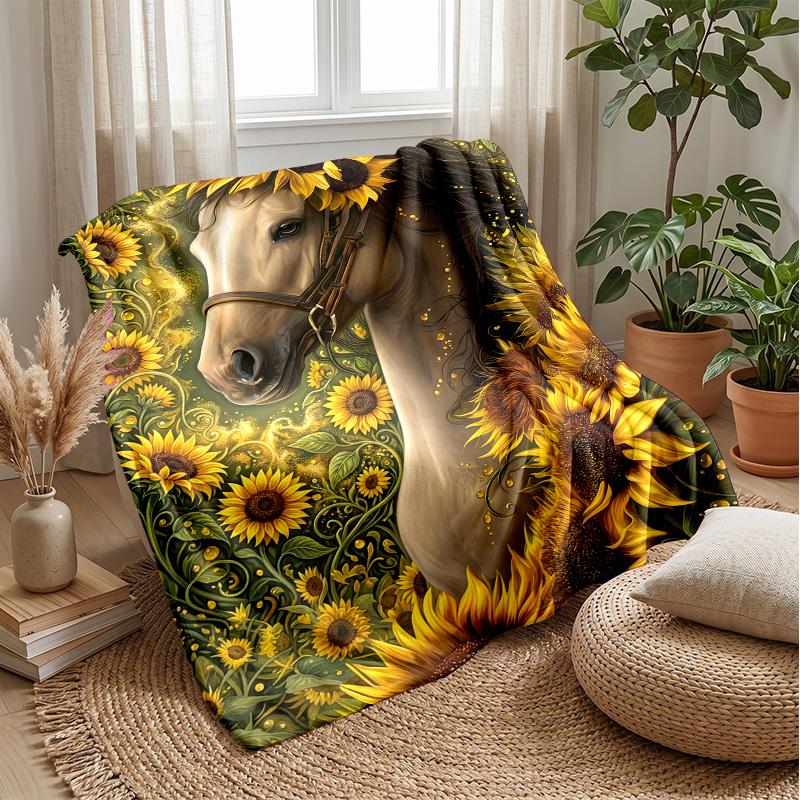 Horse Amidst Floral Splendor Theme Blanket Lightweight Warm Flannel Blanket Decorative Throw Blanket for Home Decoration
