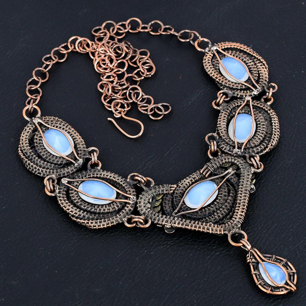 Milky Opal Necklace Gemstone Jewelry, 999 Copper Wire Wrapped Adjustable Chain Necklace, Gift For Women Handmade Necklace