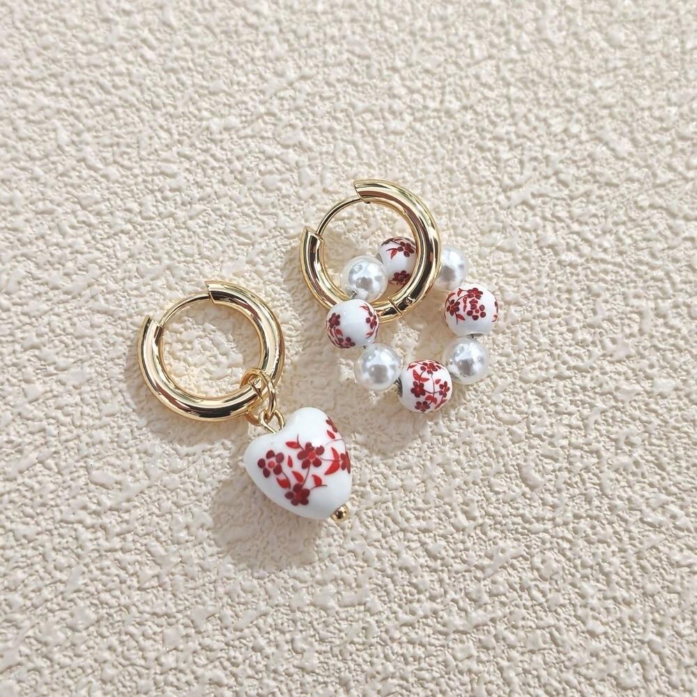 Heart Dangle Earrings Imitation Ceramic Pearls Dangle Earrings Asymmetric Earrings  Women