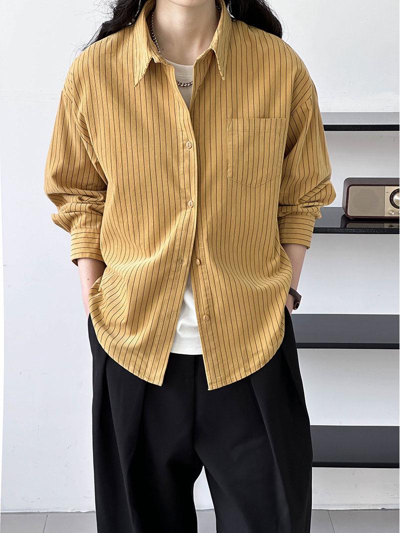 

Orange Zhi 2024 Autumn Retro Striped Shirt for Women - Hong Kong Style, Design Sense 8911