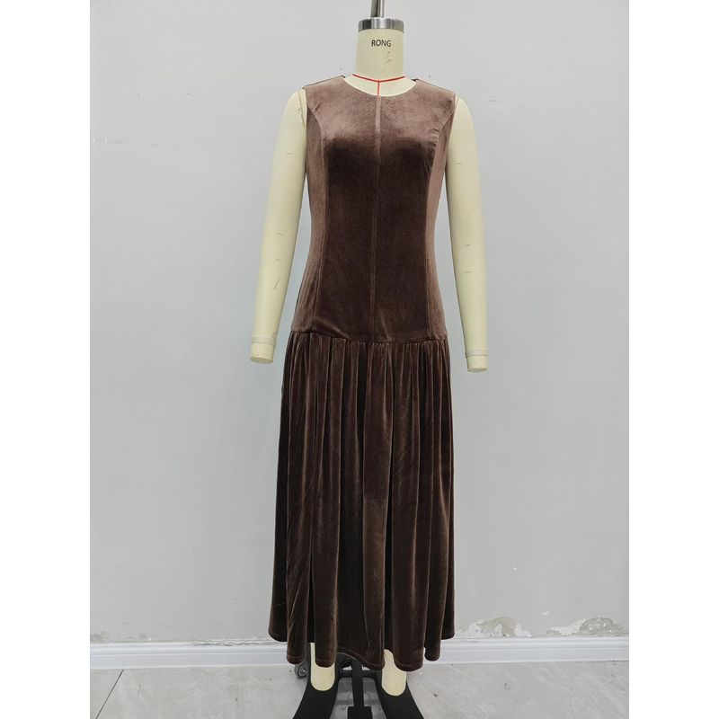 

Western Style Fashion Autumn New Solid Pleat Sleeveless Slimming Velvet Dress Sleeveless Dress Brown XL