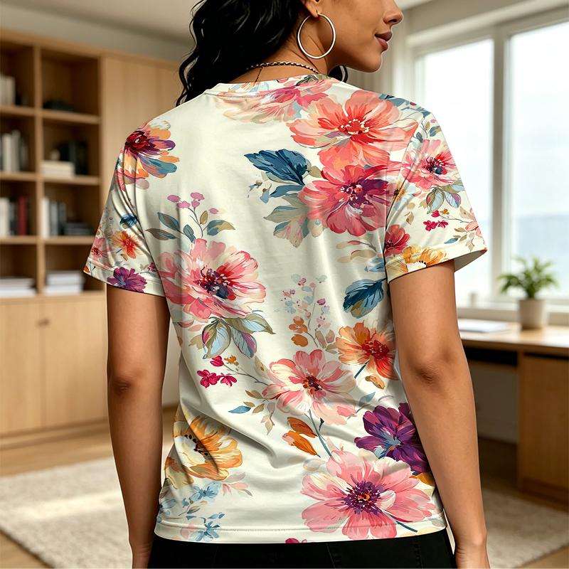 Women's Minimalist Colorful Floral Basic Crew Neck T-Shirt,Soft Loose Short Sleeve for Summer,Versatile Daily Casual,Outing & Home Wear