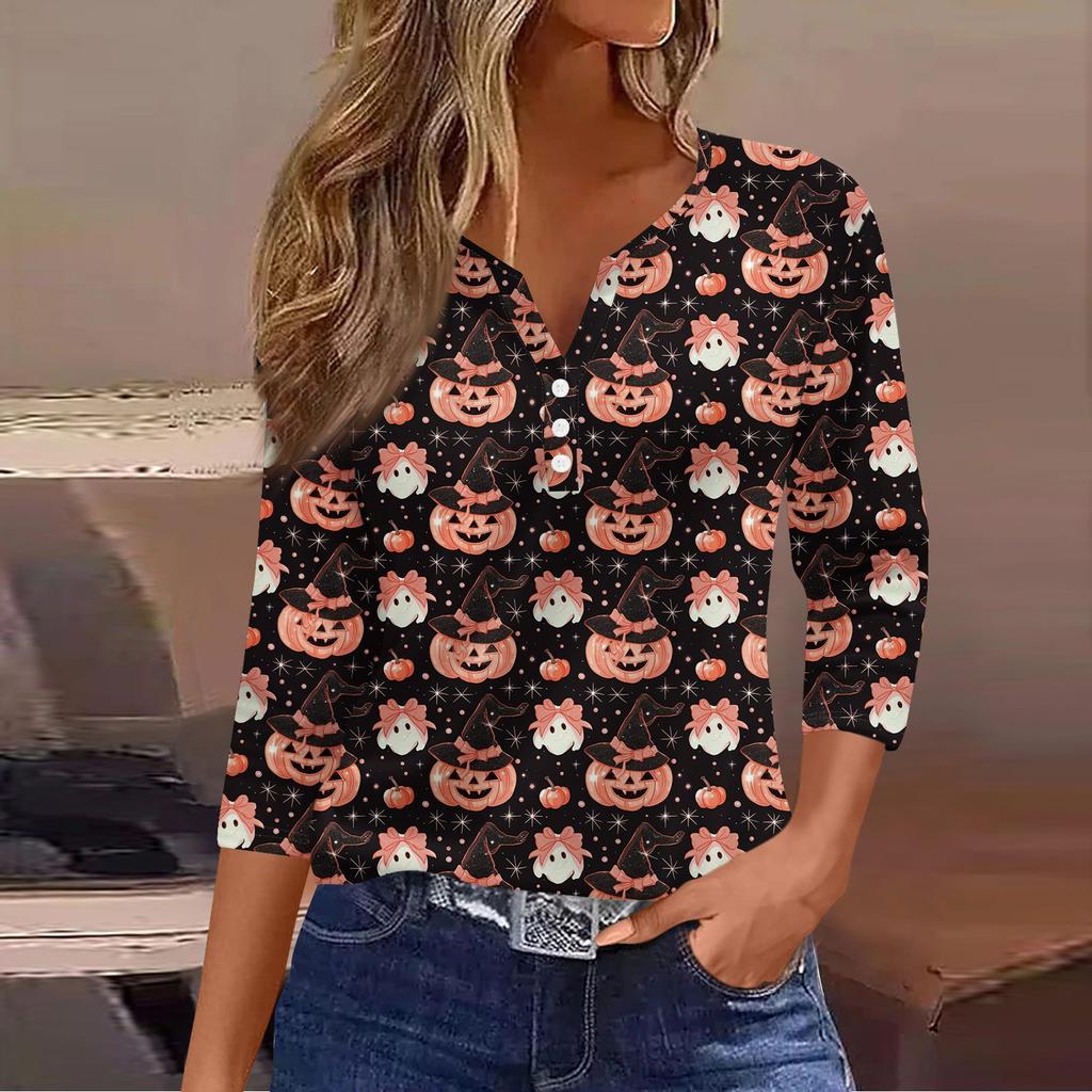 3/4 Ärmel Damen Tops Halloween Print Vintage Mode Lässig Locker Mit V-Ausschnitt Übergröße Shirts