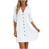 Women’s V Neck Button Down Tunic Shirt Dress with 3/4 Roll Tab Sleeves and Pintuck Front Casual Loose Fit