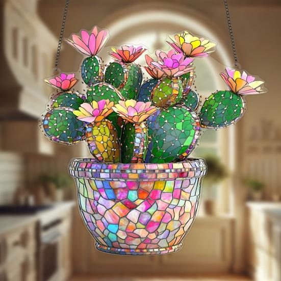 Acrylic Potted Cactus Hanging Decoration, Stained Glass Cactus Flower Suncatcher, Door Window Hanging Ornament for Indoor Outdoor