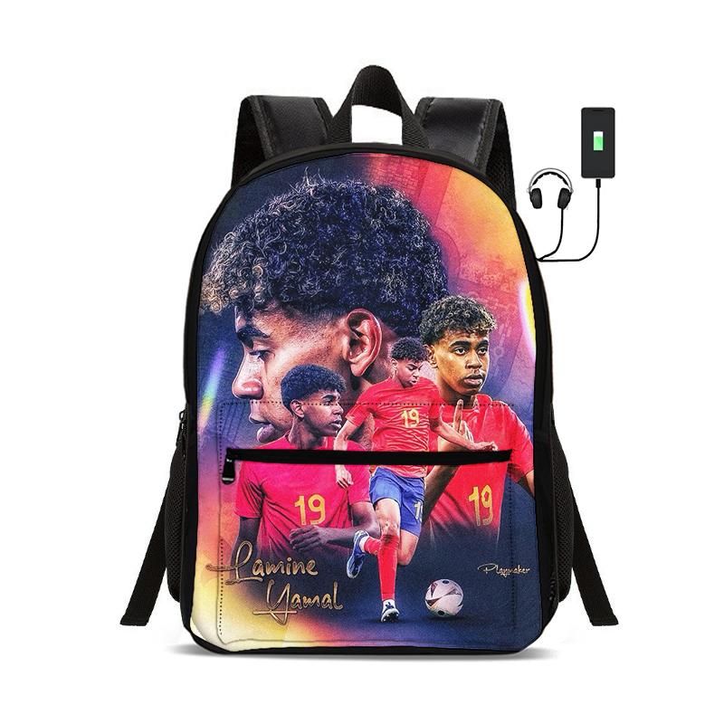 Child School Bags for Student Rucksack L-Lamin Yamal Sport Bookbag Kids Gift Football Star Backpack with USB Interface Bag