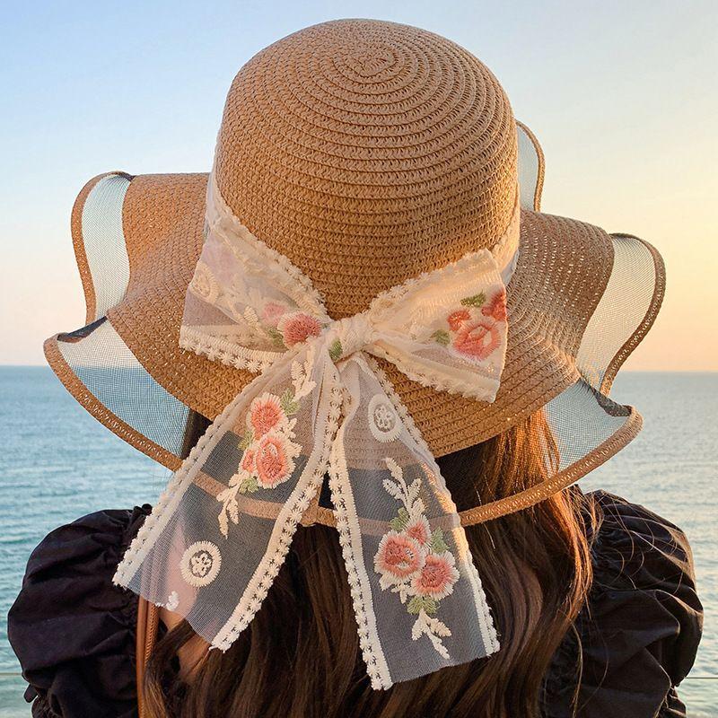 New bow lace straw hat women's summer seaside beach vacation sun hat large brim sun protection hat