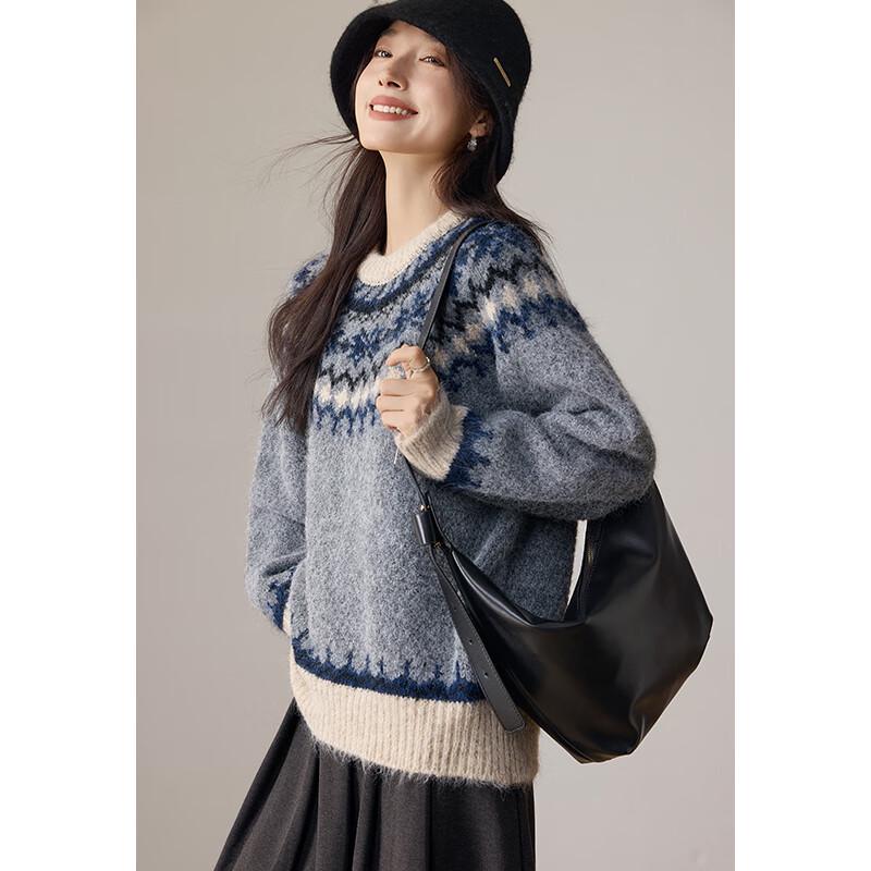 VICTORIA&VERA Women's Fair Isle Jacquard Round Neck Knit Sweater